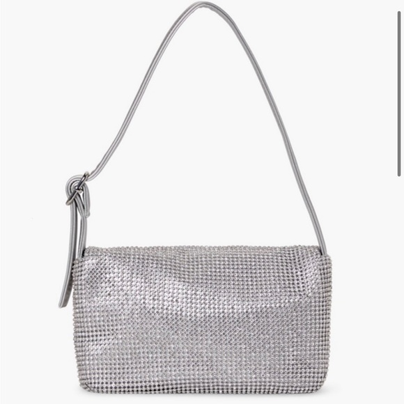 NWT Rhinestone Mesh Shoulder Bag | Silver Metallic Buckle Strap Purse - Picture 4 of 16